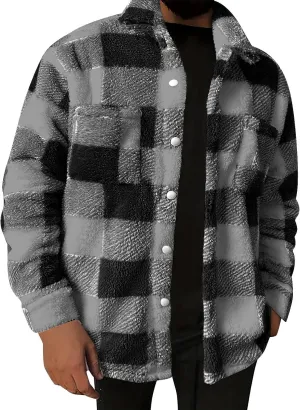 Xiaojmake Men's Warm Sherpa Lined Coat Lapel Collared Plaid Fleece Thick Jacket Flannel Jacket Sherpa Fleece Lined Coats