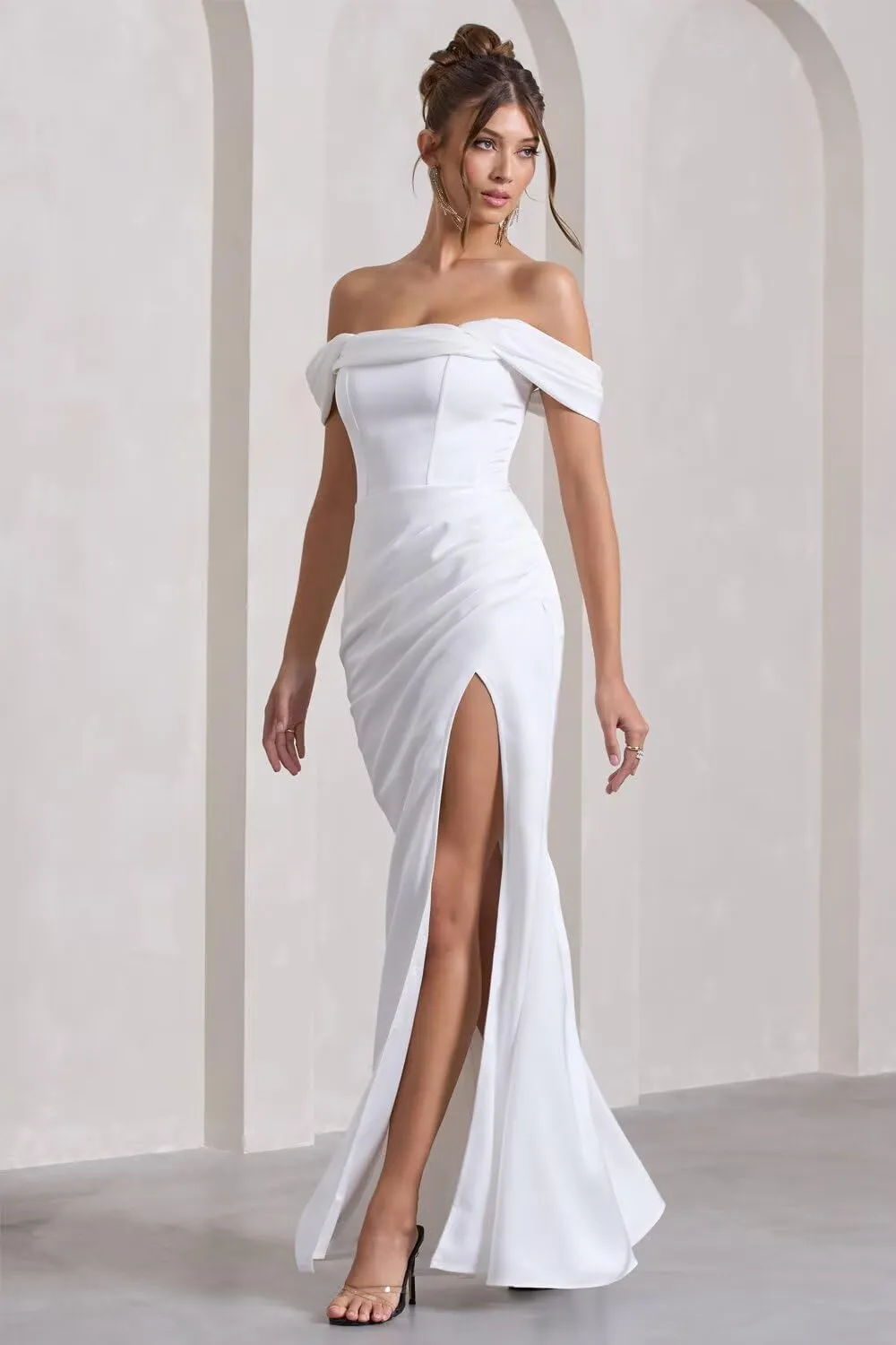 Xijun Off Shoulder Satin Prom Dresses Long Mermaid Open Back Bodycon Bridesmaid Dress Formal Gowns with Slit