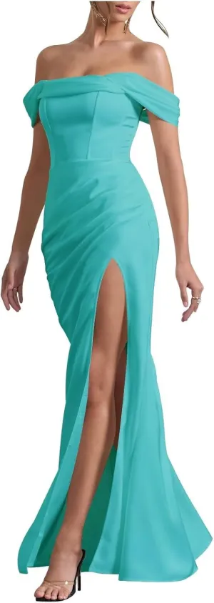 Xijun Off Shoulder Satin Prom Dresses Long Mermaid Open Back Bodycon Bridesmaid Dress Formal Gowns with Slit