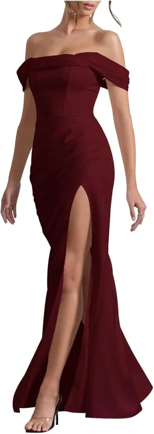 Xijun Off Shoulder Satin Prom Dresses Long Mermaid Open Back Bodycon Bridesmaid Dress Formal Gowns with Slit