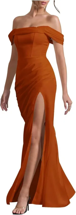 Xijun Off Shoulder Satin Prom Dresses Long Mermaid Open Back Bodycon Bridesmaid Dress Formal Gowns with Slit