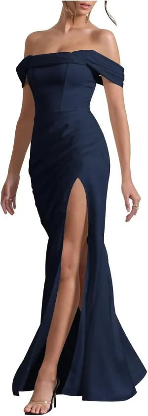 Xijun Off Shoulder Satin Prom Dresses Long Mermaid Open Back Bodycon Bridesmaid Dress Formal Gowns with Slit