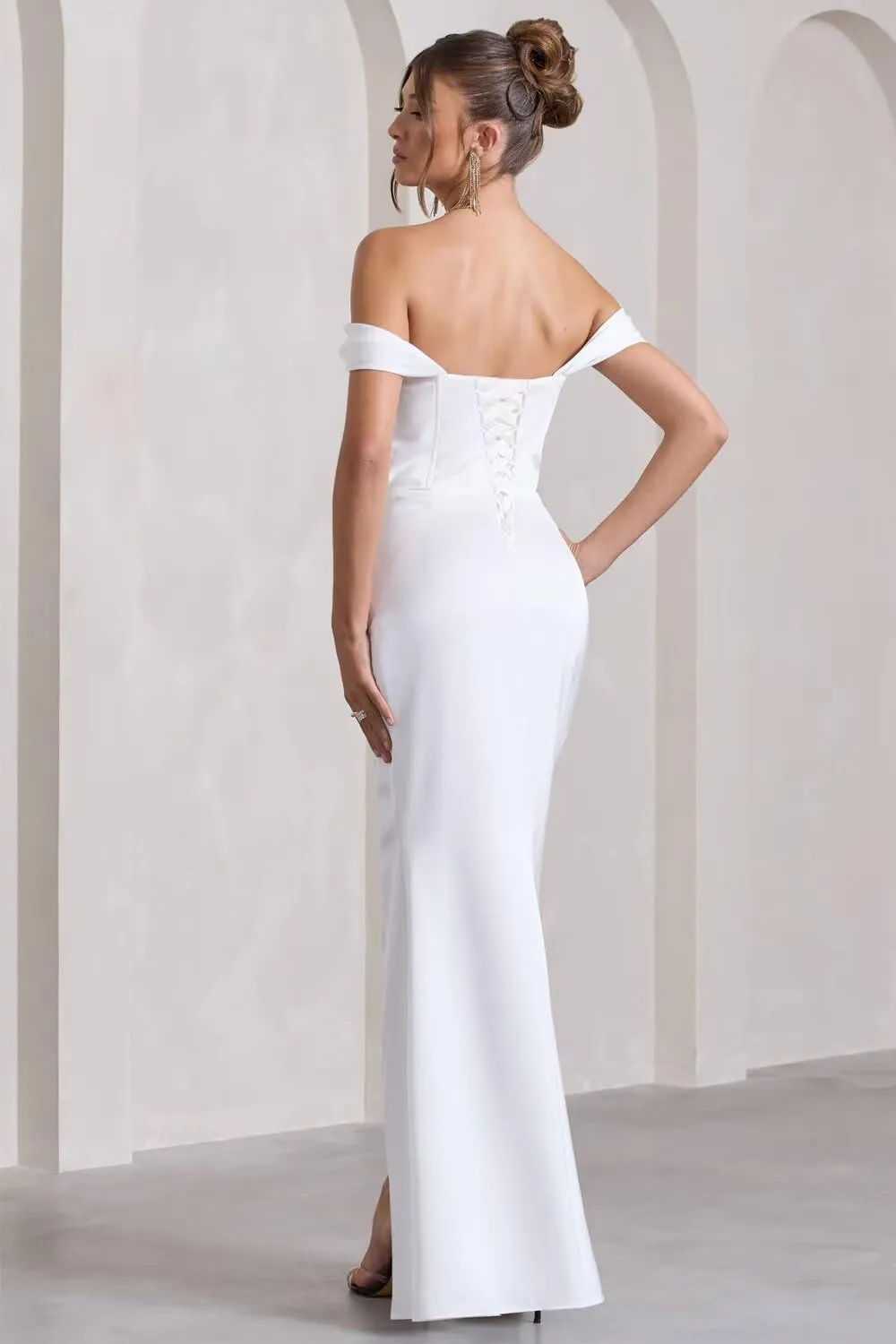Xijun Off Shoulder Satin Prom Dresses Long Mermaid Open Back Bodycon Bridesmaid Dress Formal Gowns with Slit