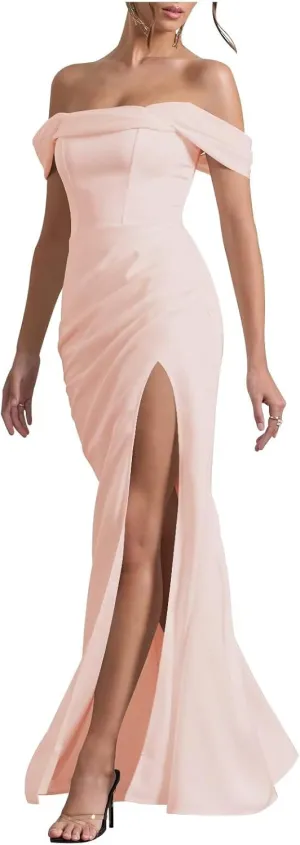 Xijun Off Shoulder Satin Prom Dresses Long Mermaid Open Back Bodycon Bridesmaid Dress Formal Gowns with Slit