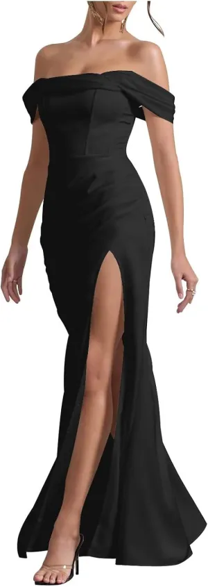 Xijun Off Shoulder Satin Prom Dresses Long Mermaid Open Back Bodycon Bridesmaid Dress Formal Gowns with Slit