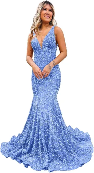 Xijun Women's Sparkly Sequin Prom Dresses Mermaid Long Open Back 2025 V Neck Formal Evening Party Gowns