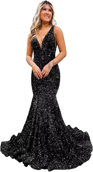 Xijun Women's Sparkly Sequin Prom Dresses Mermaid Long Open Back 2025 V Neck Formal Evening Party Gowns