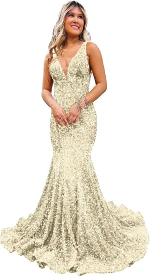 Xijun Women's Sparkly Sequin Prom Dresses Mermaid Long Open Back 2025 V Neck Formal Evening Party Gowns
