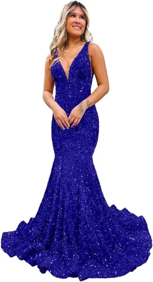 Xijun Women's Sparkly Sequin Prom Dresses Mermaid Long Open Back 2025 V Neck Formal Evening Party Gowns