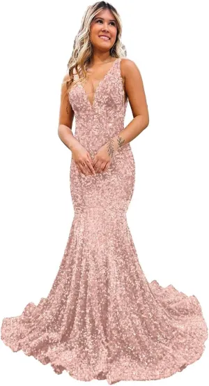 Xijun Women's Sparkly Sequin Prom Dresses Mermaid Long Open Back 2025 V Neck Formal Evening Party Gowns