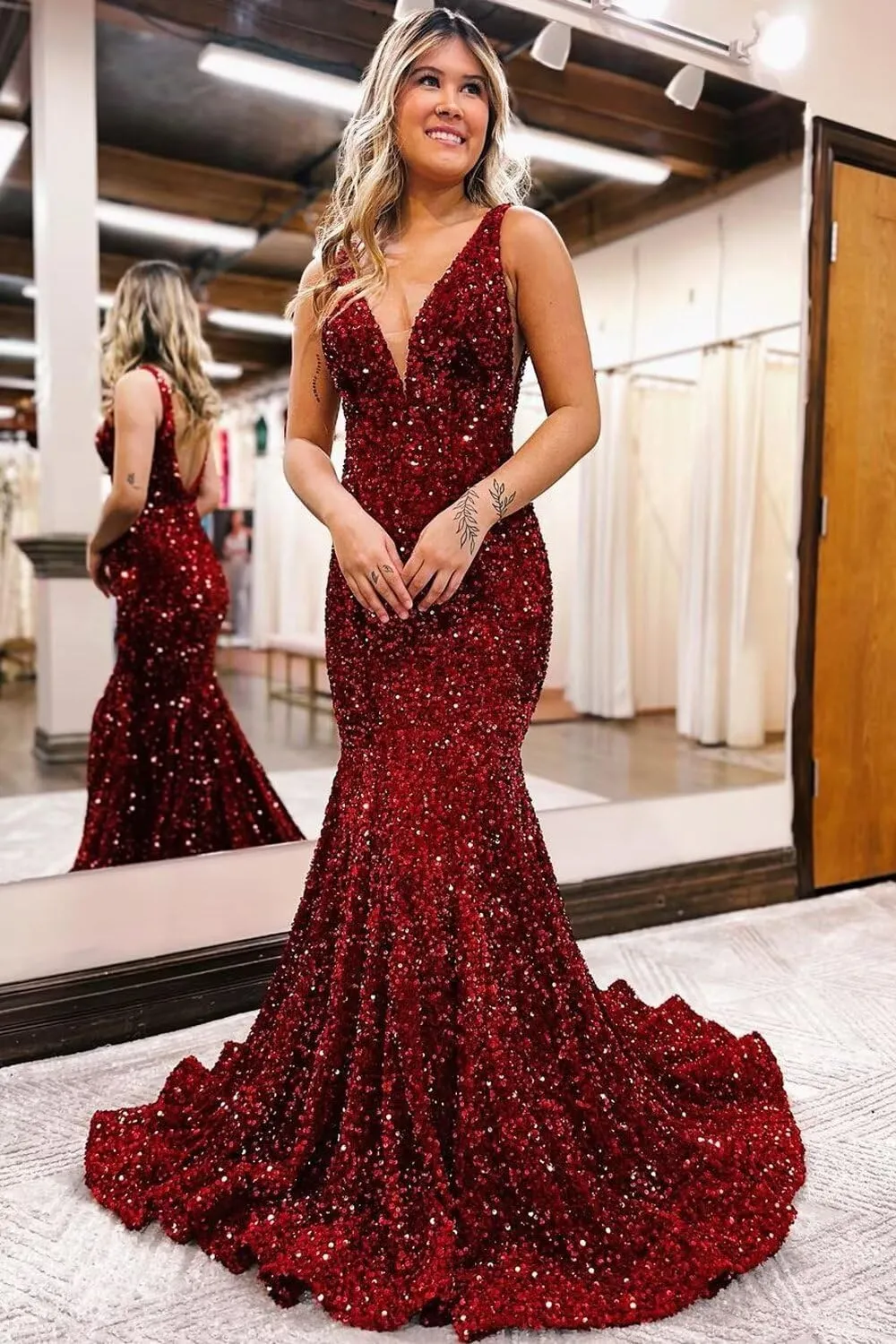 Xijun Women's Sparkly Sequin Prom Dresses Mermaid Long Open Back 2025 V Neck Formal Evening Party Gowns