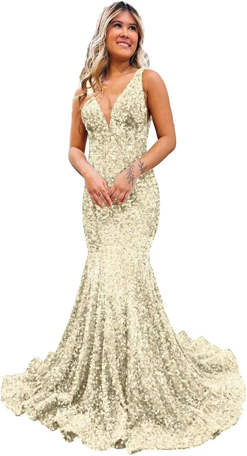 Xijun Women's Sparkly Sequin Prom Dresses Mermaid Long Open Back 2025 V Neck Formal Evening Party Gowns