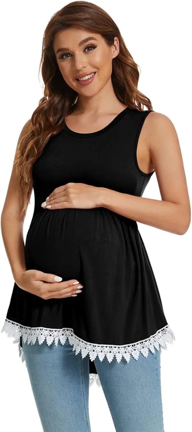Xpenyo Womens Maternity Tank Top Sleeveless Lace Crochet Trim Peplum Cami Shirts