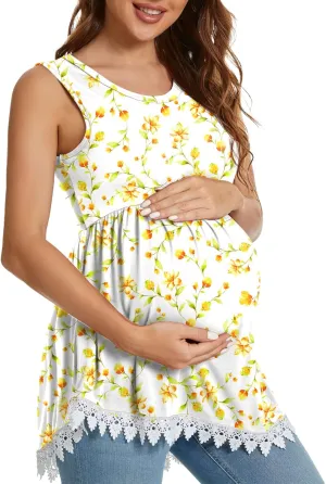 Xpenyo Womens Maternity Tank Top Sleeveless Lace Crochet Trim Peplum Cami Shirts
