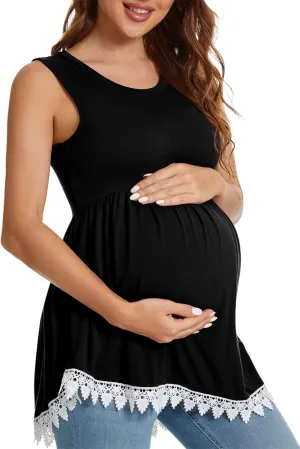 Xpenyo Womens Maternity Tank Top Sleeveless Lace Crochet Trim Peplum Cami Shirts