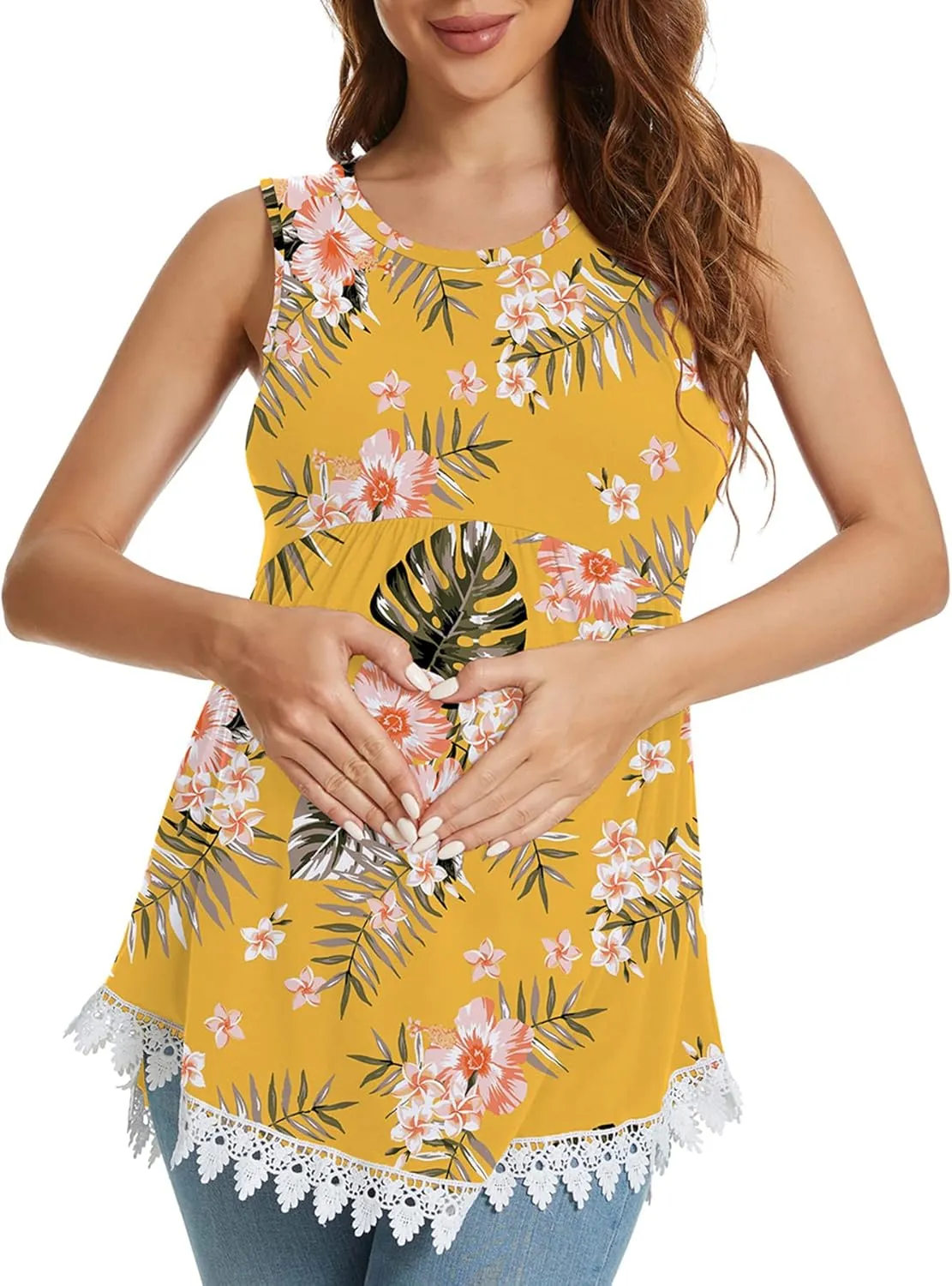 Xpenyo Womens Maternity Tank Top Sleeveless Lace Crochet Trim Peplum Cami Shirts