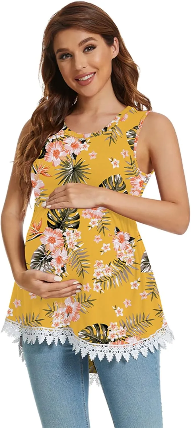 Xpenyo Womens Maternity Tank Top Sleeveless Lace Crochet Trim Peplum Cami Shirts