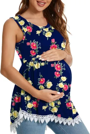Xpenyo Womens Maternity Tank Top Sleeveless Lace Crochet Trim Peplum Cami Shirts