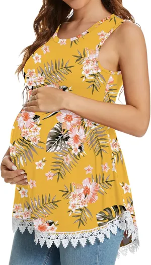 Xpenyo Womens Maternity Tank Top Sleeveless Lace Crochet Trim Peplum Cami Shirts