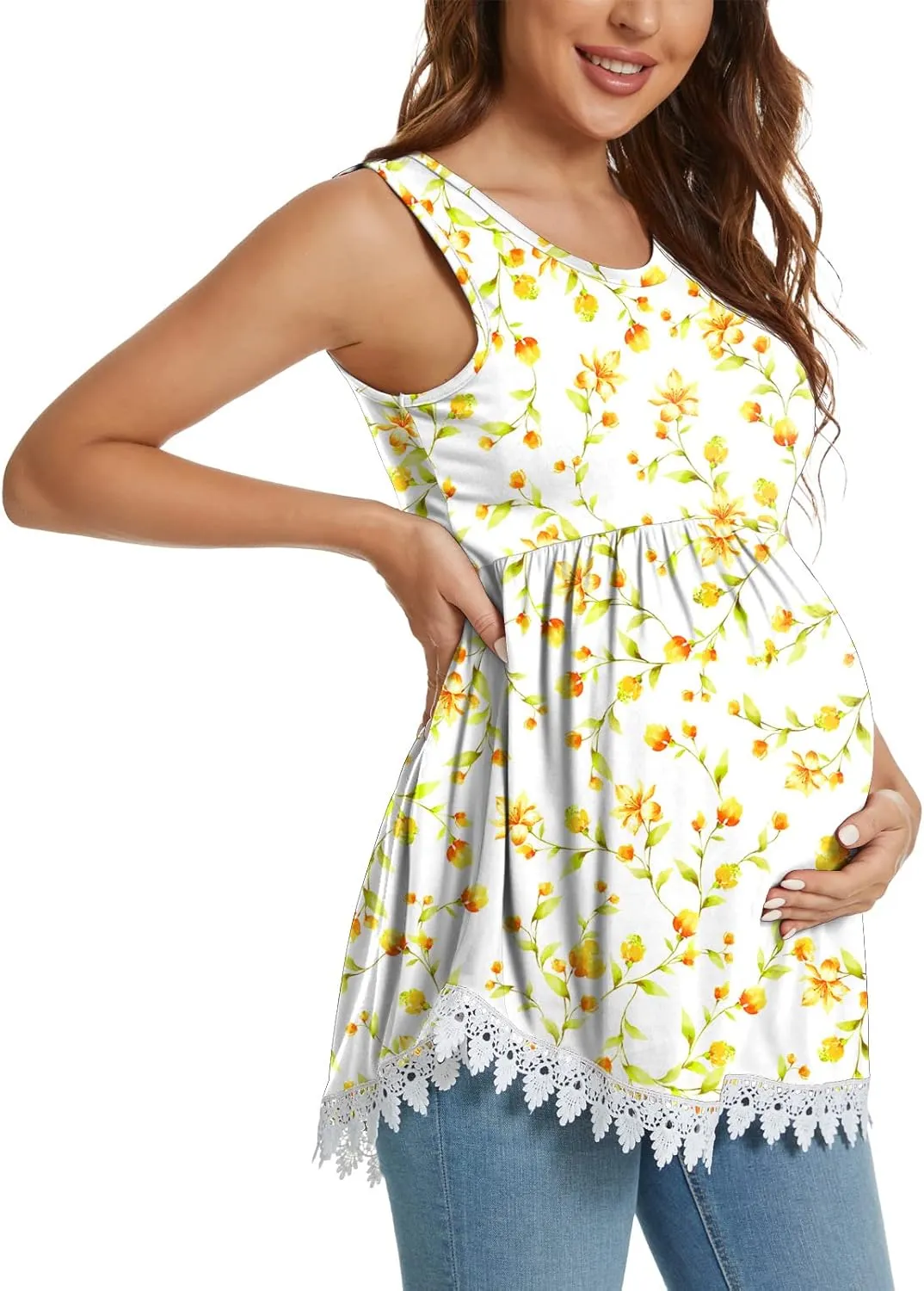Xpenyo Womens Maternity Tank Top Sleeveless Lace Crochet Trim Peplum Cami Shirts