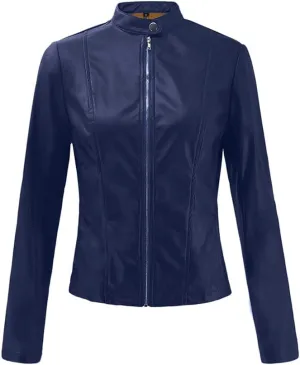 XUETON Womens Quilted Lined Faux Leather Jackets Zip Up Motorcycle Short PU Moto Biker Outwear Fitted Slim Coat Outwear(Navy,Small)