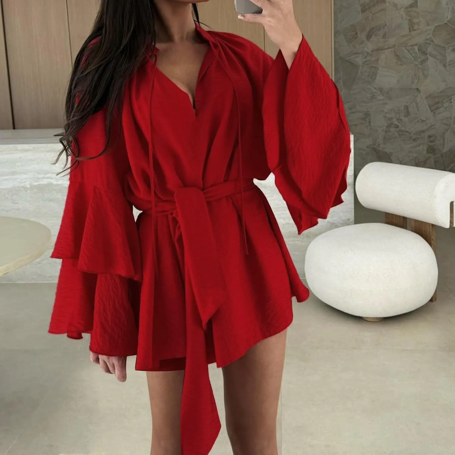 XUNRYAN Women's Long Sleeve Dress Summer Tiered Ruffle Dressy Casual V-Neck Blouse Short Mini Dresses Belted Spring Outfit