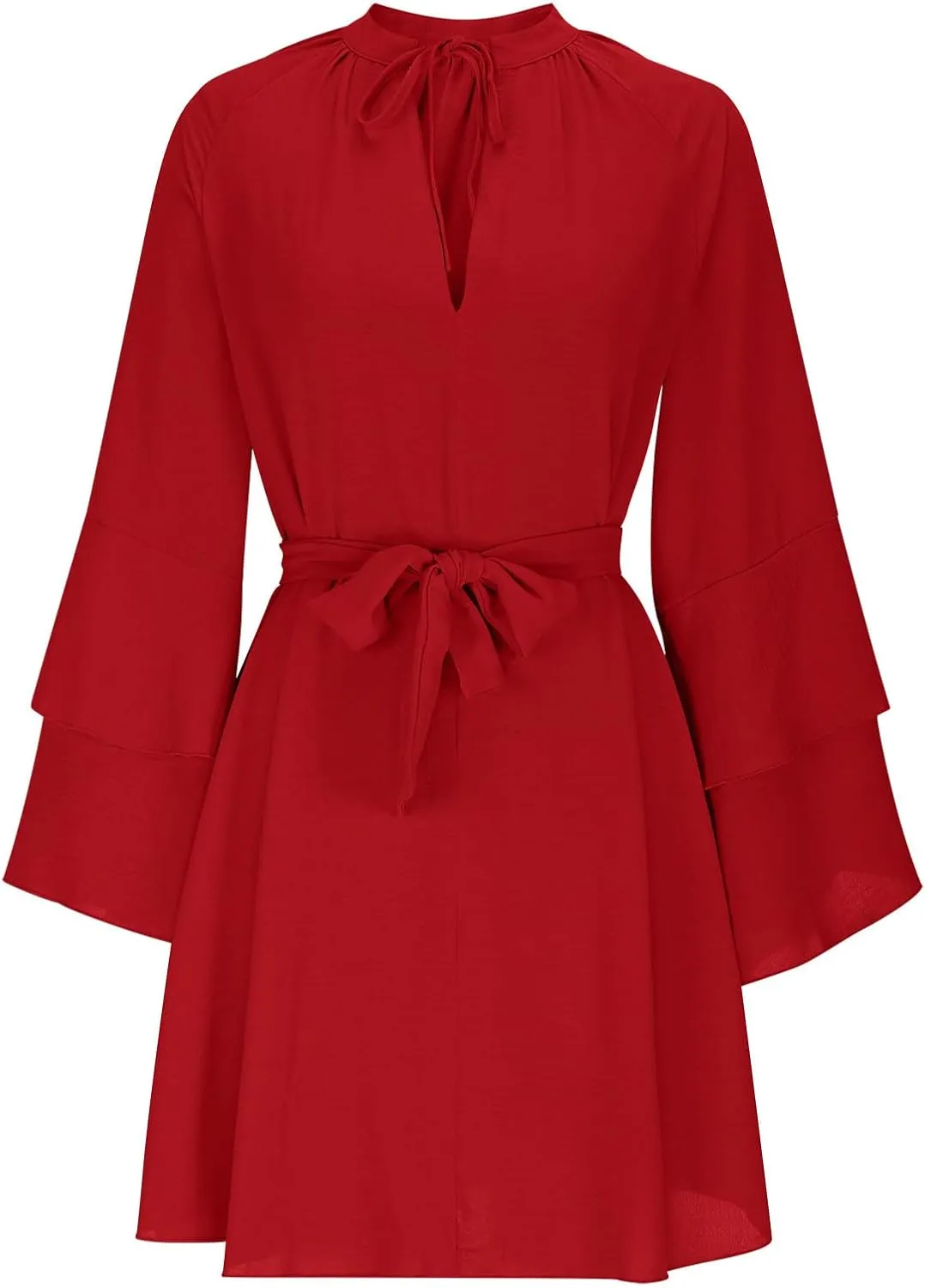 XUNRYAN Women's Long Sleeve Dress Summer Tiered Ruffle Dressy Casual V-Neck Blouse Short Mini Dresses Belted Spring Outfit