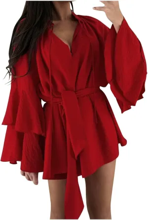 XUNRYAN Women's Long Sleeve Dress Summer Tiered Ruffle Dressy Casual V-Neck Blouse Short Mini Dresses Belted Spring Outfit