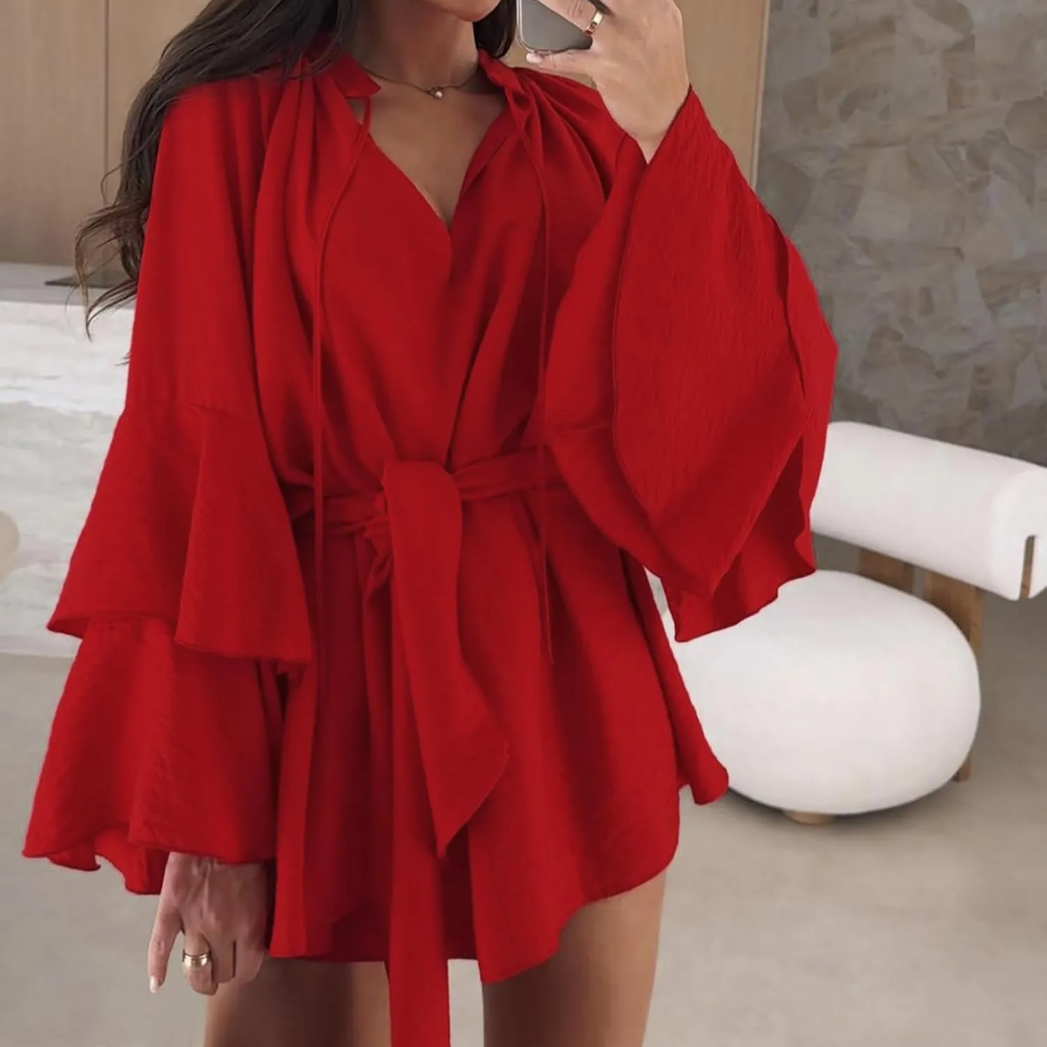XUNRYAN Women's Long Sleeve Dress Summer Tiered Ruffle Dressy Casual V-Neck Blouse Short Mini Dresses Belted Spring Outfit