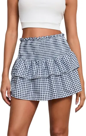 Y2k Plaid Mini Skirt Women Ruffle Hem Pleated Flowy Micro Gingham Checkered Layered Teen Girl Costume Dress