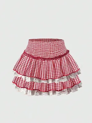 Y2k Plaid Mini Skirt Women Ruffle Hem Pleated Flowy Micro Gingham Checkered Layered Teen Girl Costume Dress