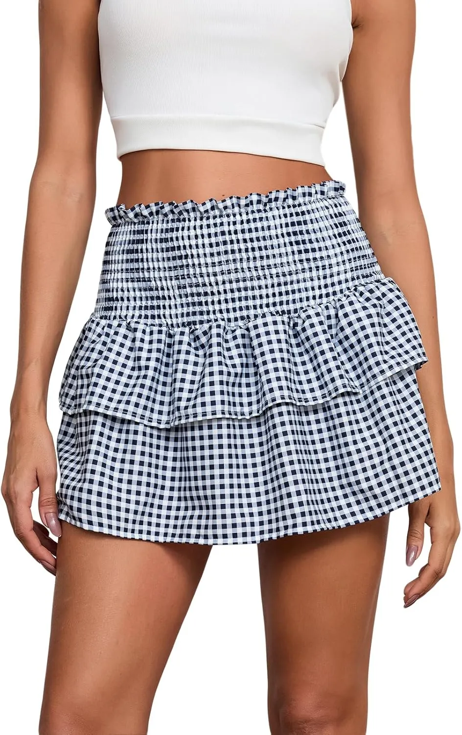 Y2k Plaid Mini Skirt Women Ruffle Hem Pleated Flowy Micro Gingham Checkered Layered Teen Girl Costume Dress
