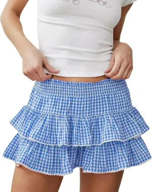 Y2k Plaid Ruffle Mini Skirt Women Gingham Lace Trim Low Rise Layered Checkered Pleated Short Pleated Costume Dress