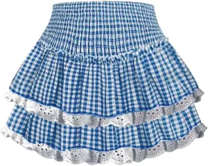 Y2k Plaid Ruffle Mini Skirt Women Gingham Lace Trim Low Rise Layered Checkered Pleated Short Pleated Costume Dress
