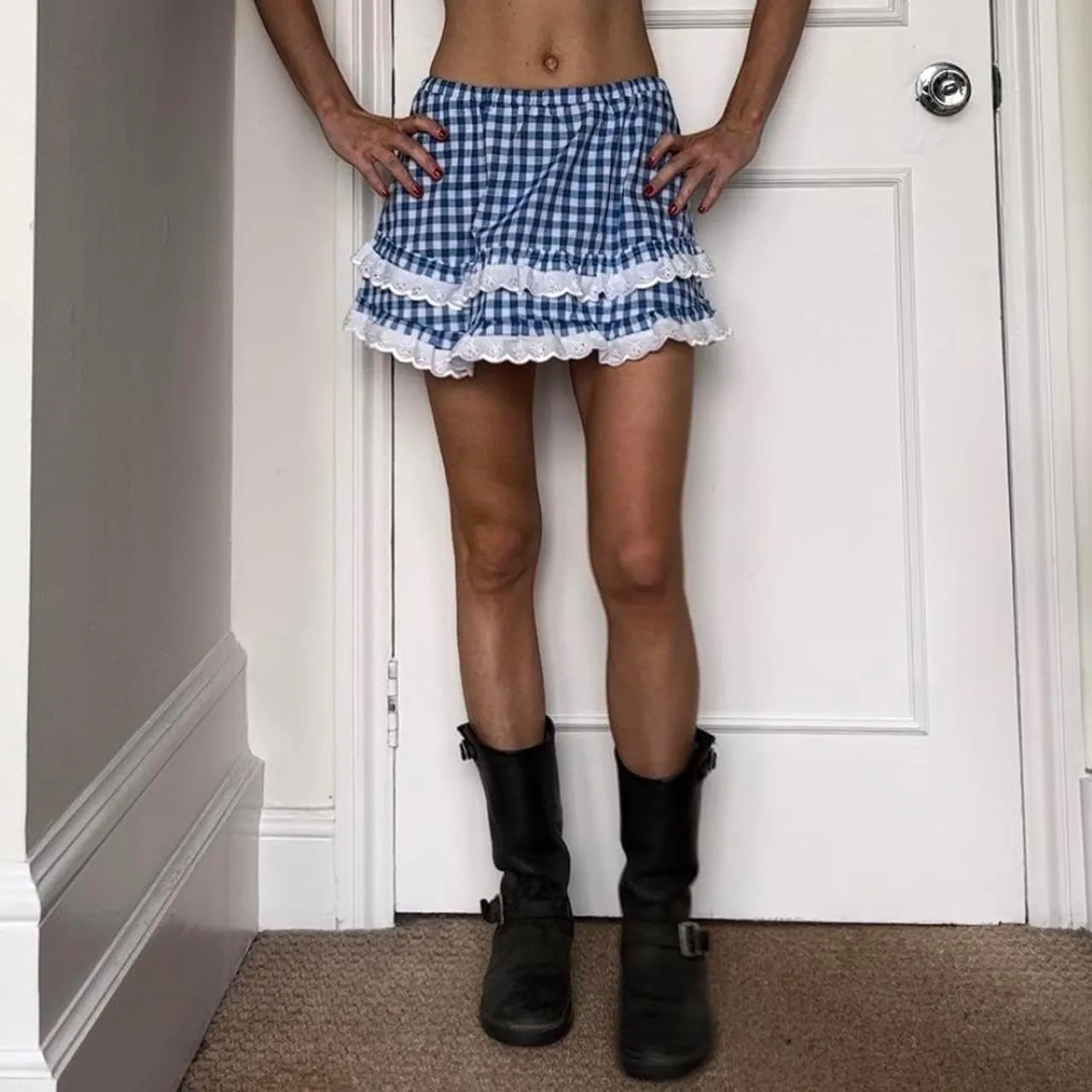 Y2k Plaid Ruffle Mini Skirt Women Gingham Lace Trim Low Rise Layered Checkered Pleated Short Pleated Costume Dress