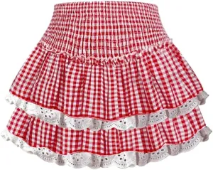 Y2k Plaid Ruffle Mini Skirt Women Gingham Lace Trim Low Rise Layered Checkered Pleated Short Pleated Costume Dress