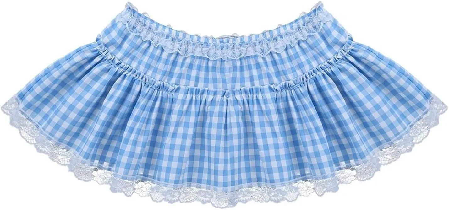 Y2k Plaid Ruffle Mini Skirt Women Gingham Lace Trim Low Rise Layered Checkered Pleated Short Pleated Costume Dress
