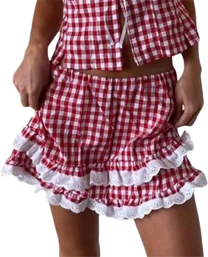 Y2k Womens Gingham Ruffle Mini Skirt A Line Plaid Tiered Layered Short Skirts Checkered Smocked Pleated Skirt