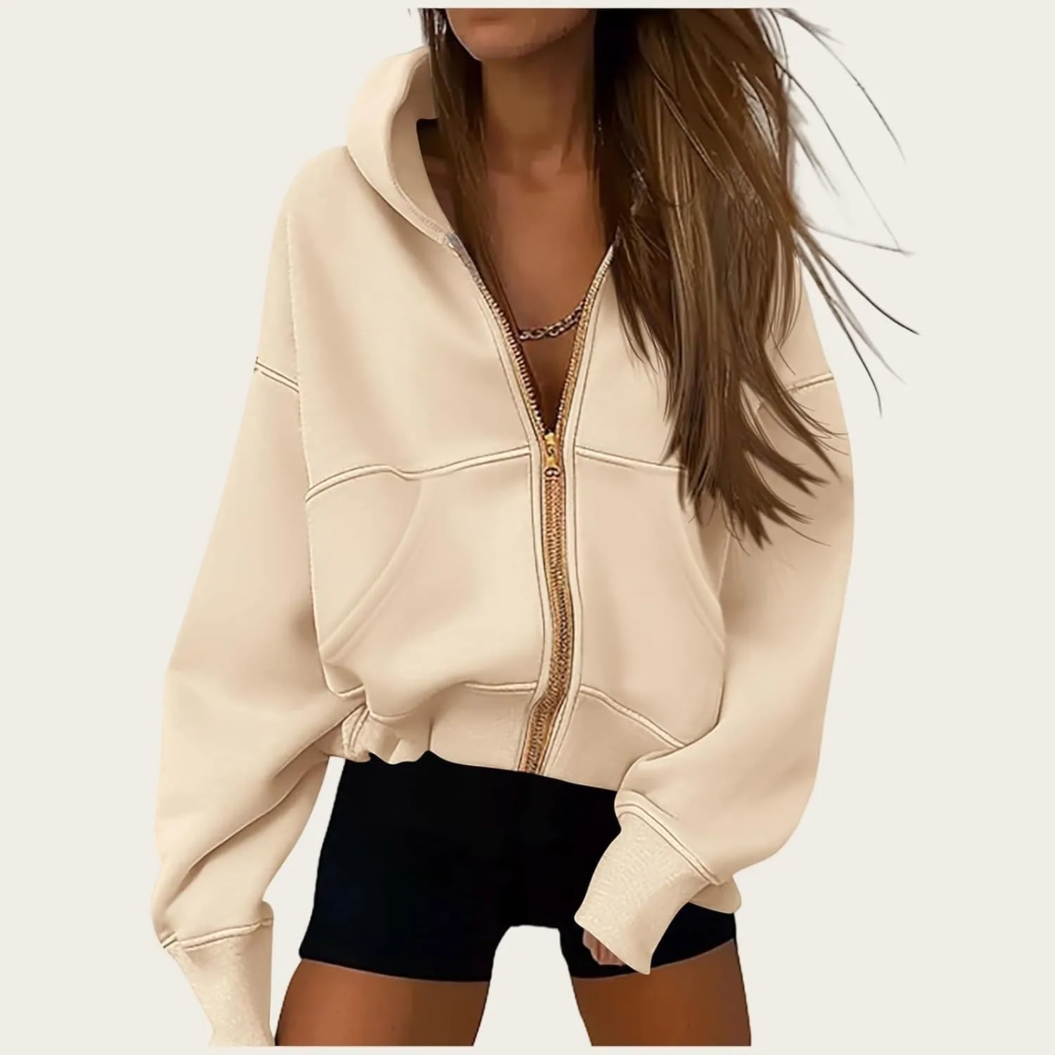 Zip Up Hoodie Women Long Sleeve Sweatshirt Casual Fleece Jackets Loose Cropped Jackets with Pockets Fall Outfits