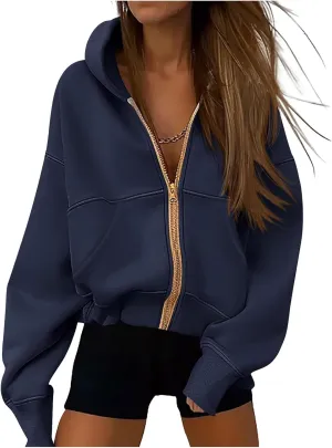 Zip Up Hoodie Women Long Sleeve Sweatshirt Casual Fleece Jackets Loose Cropped Jackets with Pockets Fall Outfits