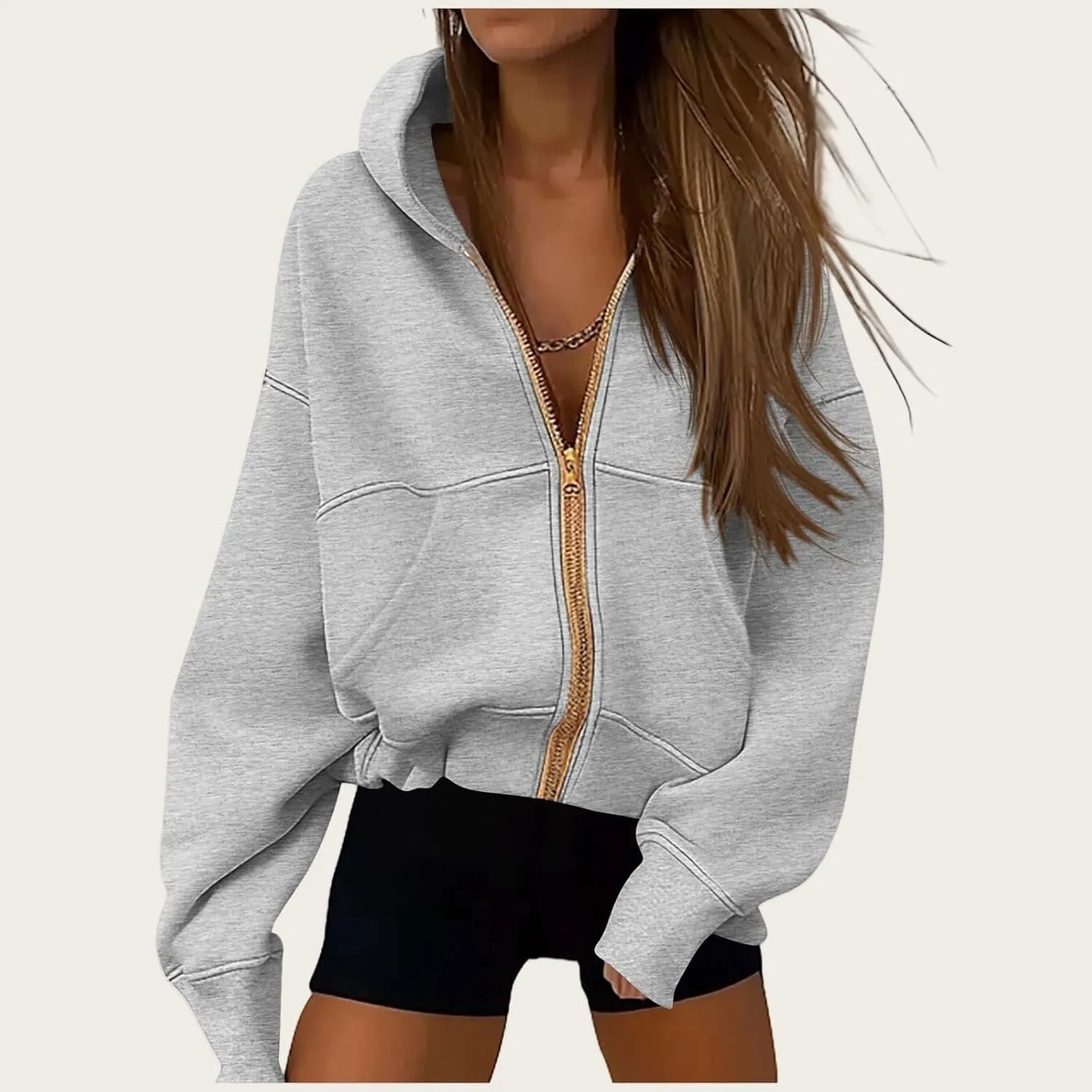 Zip Up Hoodie Women Long Sleeve Sweatshirt Casual Fleece Jackets Loose Cropped Jackets with Pockets Fall Outfits
