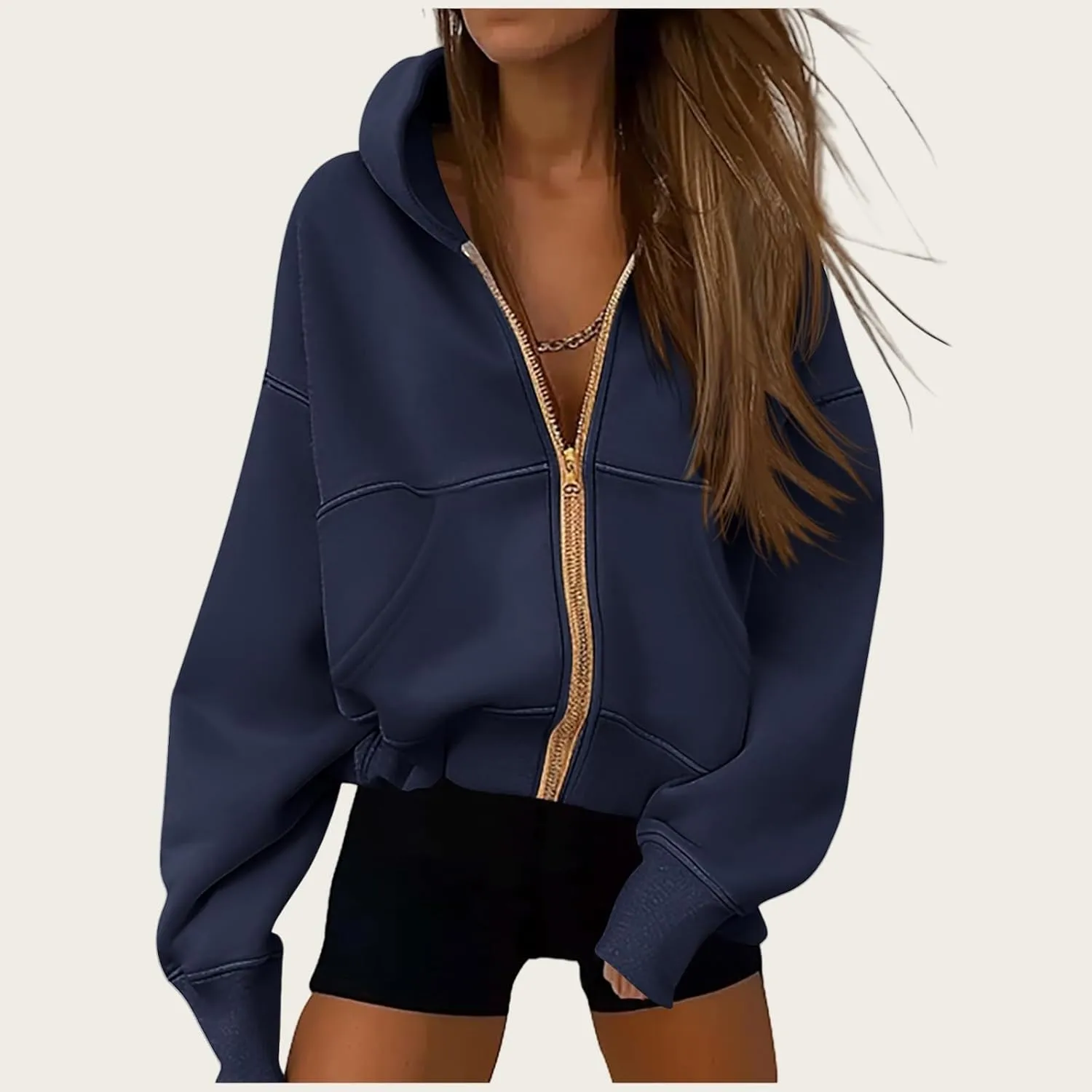 Zip Up Hoodie Women Long Sleeve Sweatshirt Casual Fleece Jackets Loose Cropped Jackets with Pockets Fall Outfits