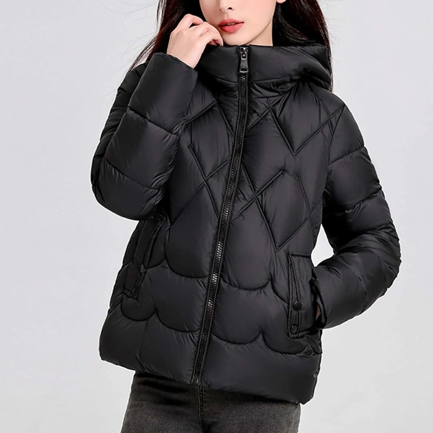 Zip up Puffer Jacket Women Hooded Quilted Jacket Lightweight Down Jacket Warm Winter Coats Thermal Insulated Jacket