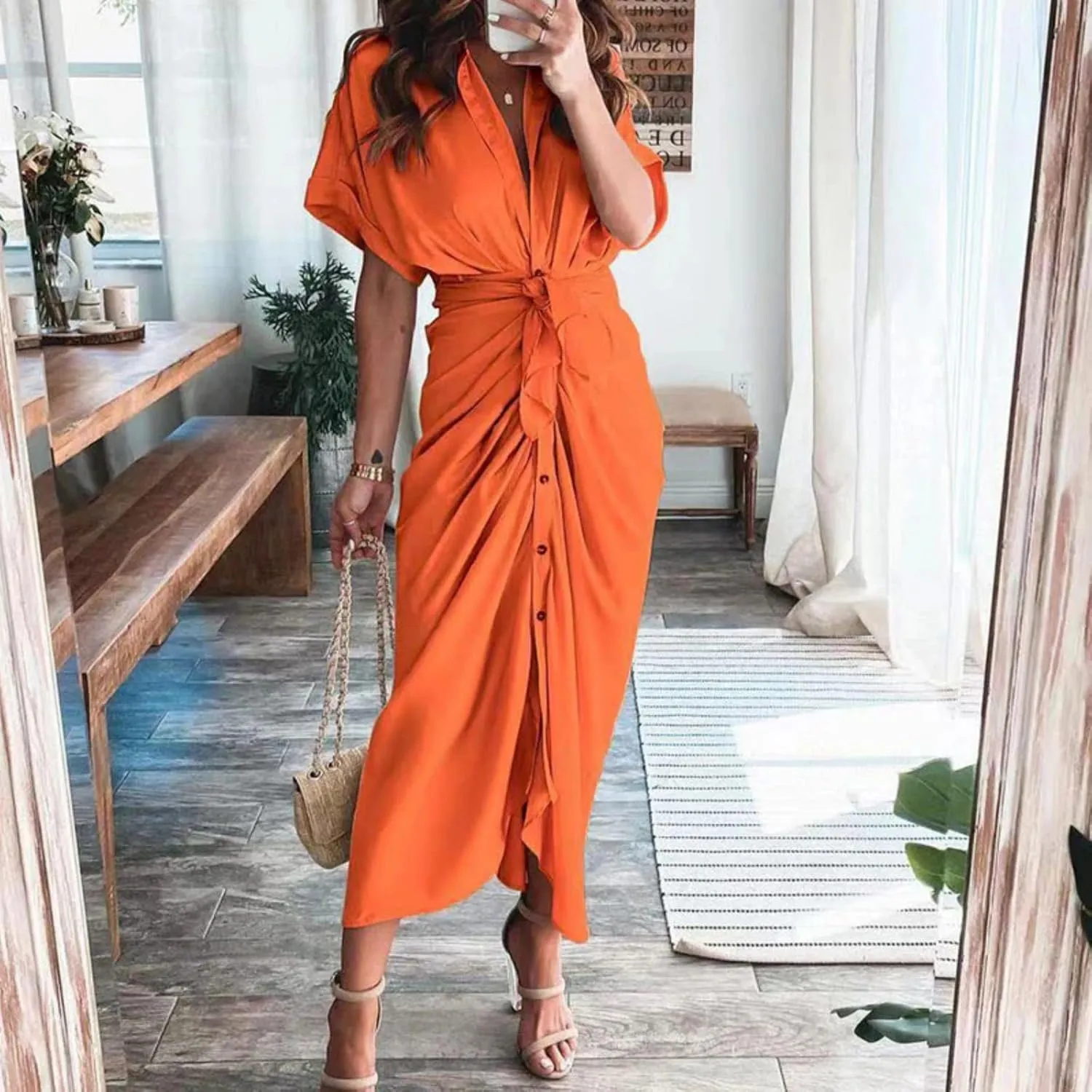 ZWRXW Dresses for Women Button Down Ruched Shirt Dresses Short Sleeve Lapel V Neck Maxi Dress Elegant Work Dress with Belt