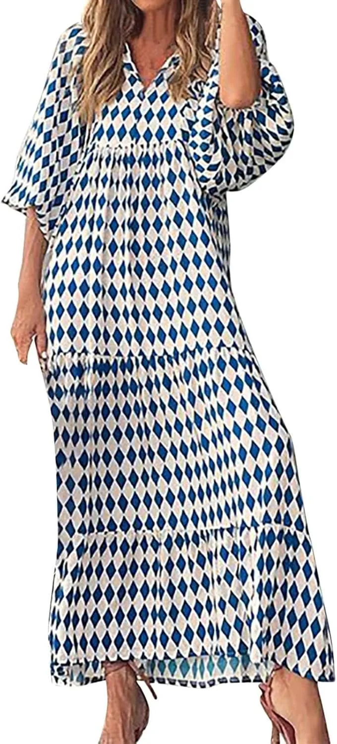 ZWRXW Womens Summer Boho Dresses Casual Loose Bohemian Floral Dress Short Sleeve Long Maxi Dress Flowy Swing Beach Dresses