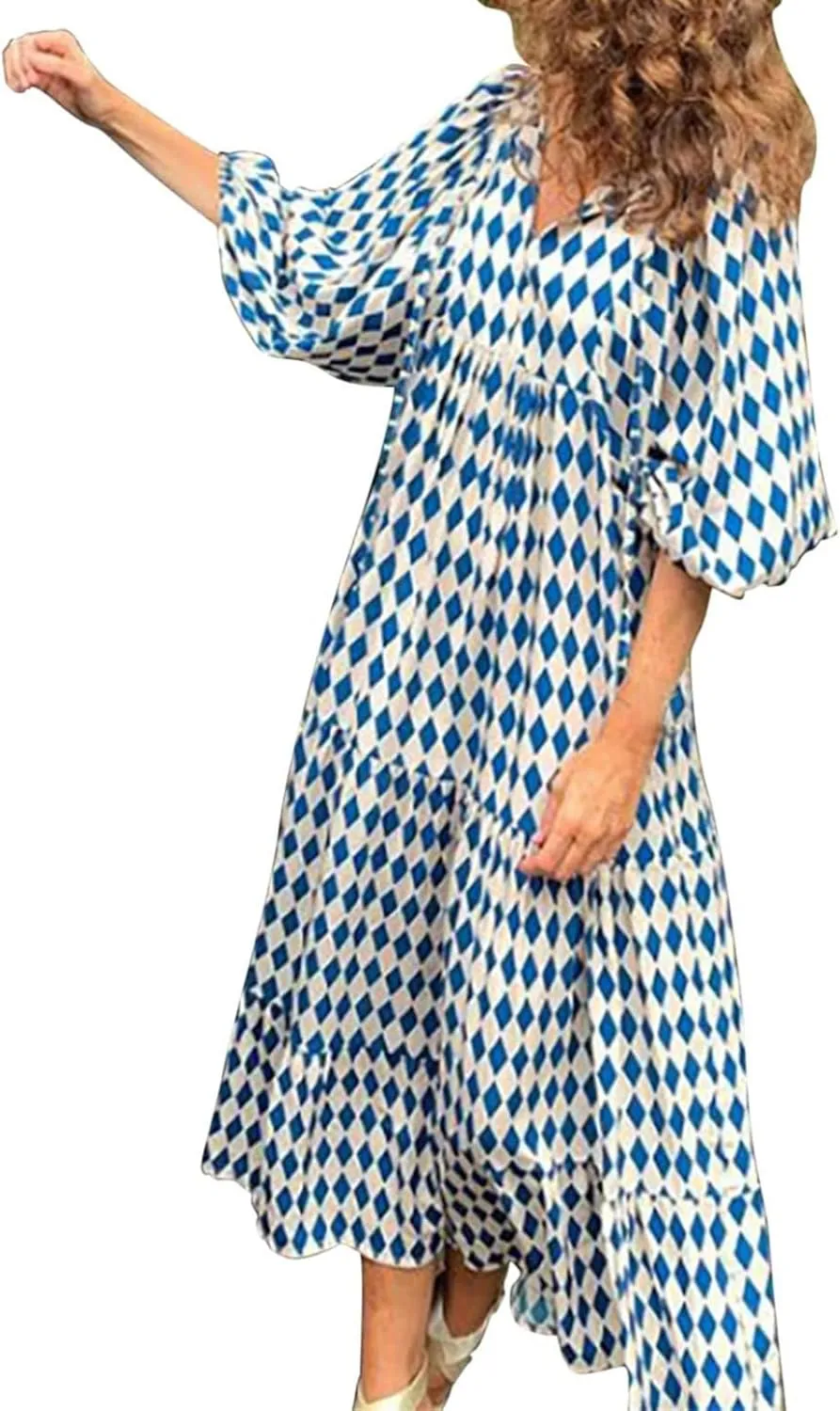 ZWRXW Womens Summer Boho Dresses Casual Loose Bohemian Floral Dress Short Sleeve Long Maxi Dress Flowy Swing Beach Dresses